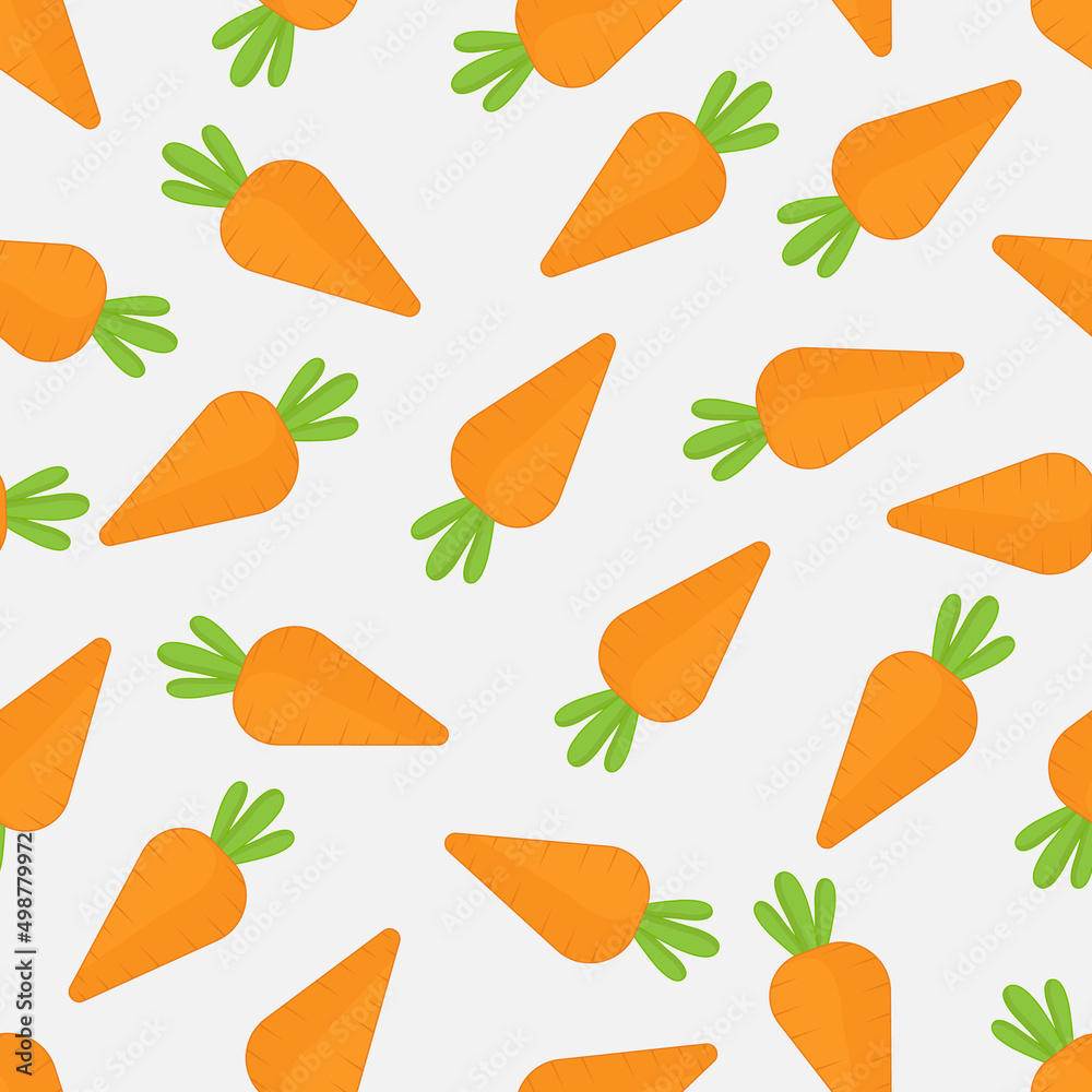 Cartoon carrots with ornament, seamless pattern. Easter theme background. Flat design. Vegetable, healthy vegan food wallpaper