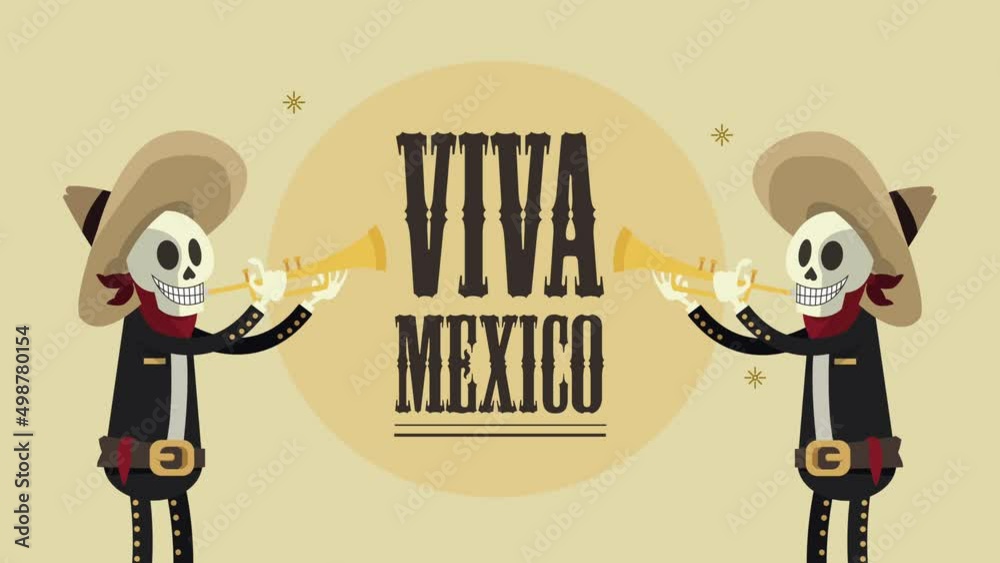 viva mexico lettering with mariachis playing trumpets
