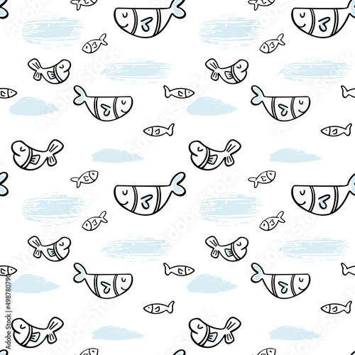 Vector fishes doodles seamless pattern.. Cute clipart. Hand drawn illustration. Perfect for textile print, baby shower, kids bedroom decor, birthday party, packaging design, wrapping paper