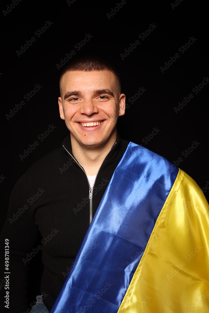 Ukraine flag on black background war in ukraine patriot of his state