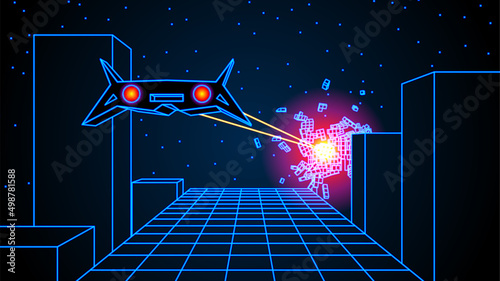 Arcade space ship flying over the road with 3D buildings, 80s style synthwave or retrowave illustration. Battle in the 80s retro game scene.