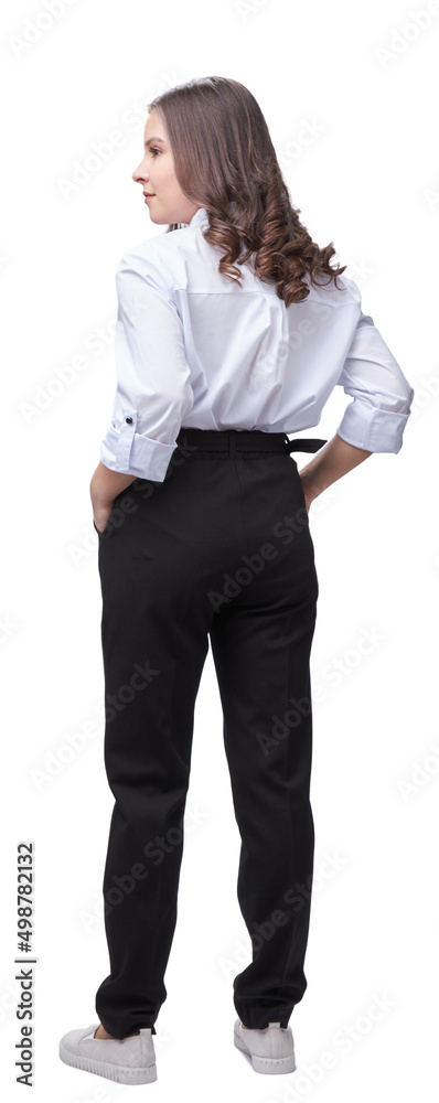 office worker young lady in full-length trousers and white blouse, isolate office worker young lady in full-length trousers and white blouse, isolate