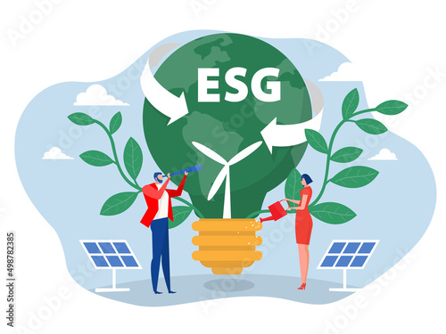 businesswoman water the plants  on Earth in shape of lightbulb lamp with ecology problem ESG  renewable, green, safe and long term source concept vector illustration.