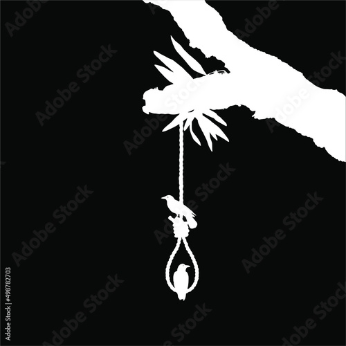 Gallows (Hanging Rope) on the Tree and Crow. Dramatic, Creepy, Horror, Scary, Mystery, or Spooky Illustration. Illustration for Horror Movie or Halloween Poster Element. Vector Illustration