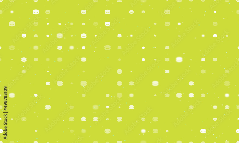 Seamless background pattern of evenly spaced white hockey pucks of different sizes and opacity. Vector illustration on lime background with stars Seamless background pattern of evenly spaced white hockey pucks of different sizes and opacity. Vector illustration on lime background with stars