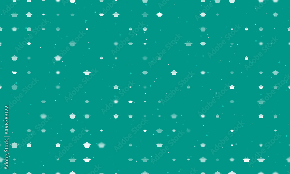 Seamless background pattern of evenly spaced white pot symbols of different sizes and opacity. Vector illustration on teal background with stars