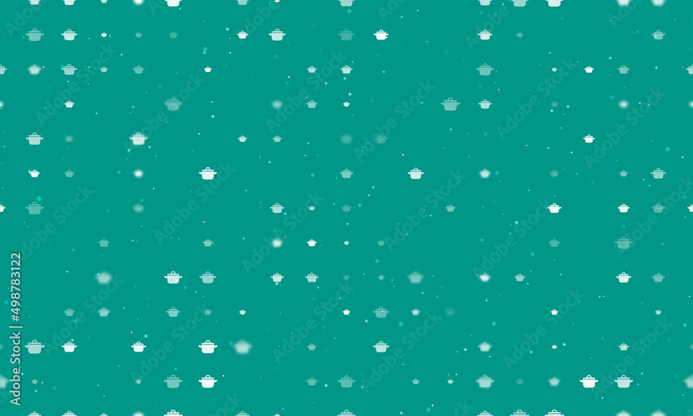 Seamless background pattern of evenly spaced white pot symbols of different sizes and opacity. Vector illustration on teal background with stars Seamless background pattern of evenly spaced white pot symbols of different sizes and opacity. Vector illustration on teal background with stars