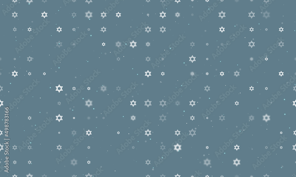 Seamless background pattern of evenly spaced white star of David symbols of different sizes and opacity. Vector illustration on blue gray background with stars