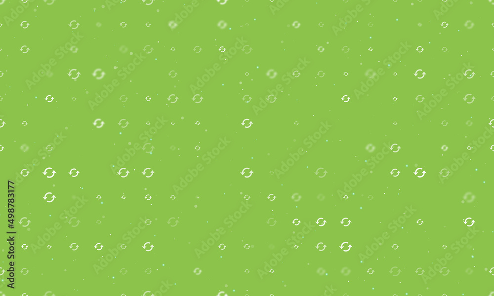 Seamless background pattern of evenly spaced white refresh symbols of different sizes and opacity. Vector illustration on light green background with stars