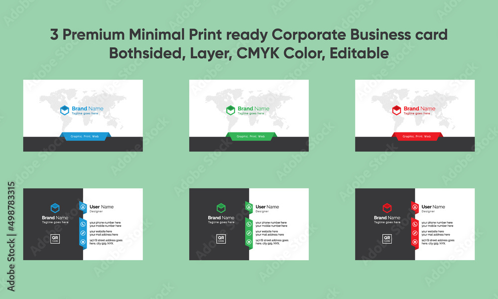3 Premium Corporate Business card both sided Green Red Blue print ready minimal simple modern