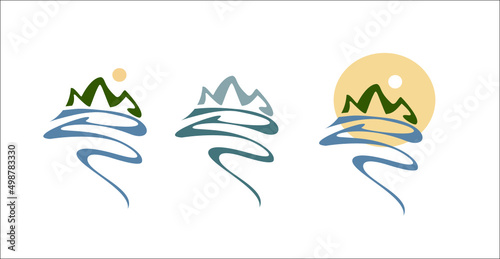 logo, mountains, isolated, symbol, icon, nature, mountain, river, landscape, travel, relief, canyon, hills, hills, mouth, stream, eco, bio, natural,