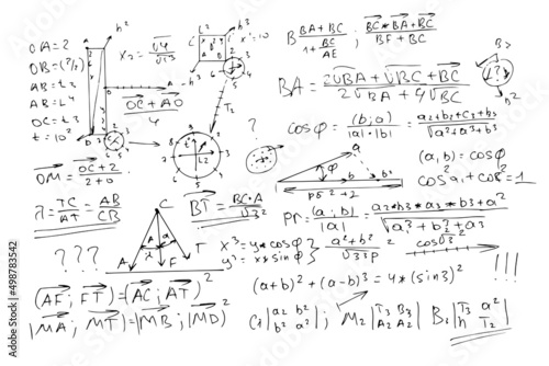 Scientific formulas and expressions. Mathematics, algebra and geometry. vector background drawn by hand.