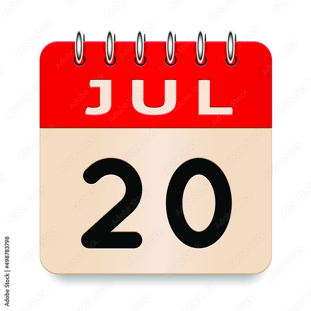 20 day of the month. July. Flip old formal calendar. 3d daily icon. Date. Week Sunday, Monday, Tuesday, Wednesday, Thursday, Friday, Saturday. Cut paper. White background. Vector illustration. 20 day of the month. July. Flip old formal calendar. 3d daily icon. Date. Week Sunday, Monday, Tuesday, Wednesday, Thursday, Friday, Saturday. Cut paper. White background. Vector illustration.