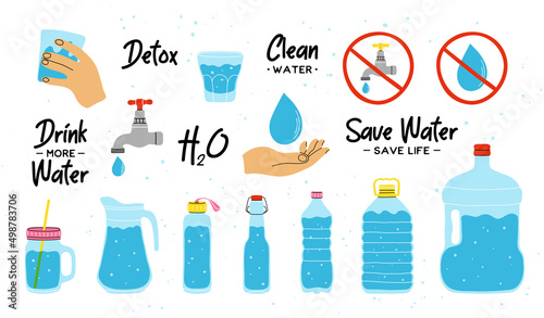 Water elements in modern style flat, line style with phrases. Hand drawn vector illustration: bottles, glasses, drops, mug, flask, tap, hands, slogans. Fashion cute patch, badge, emblem. Save water.