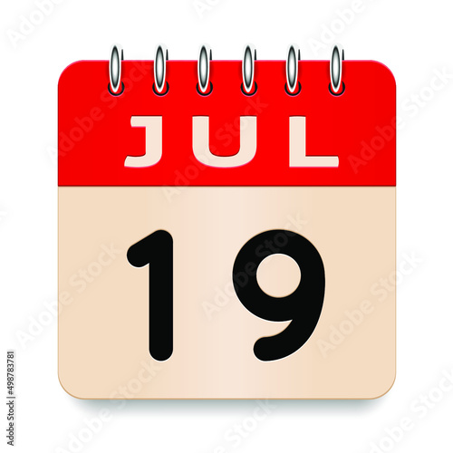 19 day of the month. July. Flip old formal calendar. 3d daily icon. Date. Week Sunday, Monday, Tuesday, Wednesday, Thursday, Friday, Saturday. Cut paper. White background. Vector illustration. 