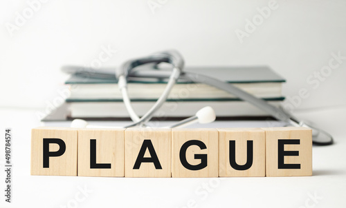 PLAGUE word on wooden blocks on a desk. Medical concept with pills, vitamins, stethoscope and syringe on the background.