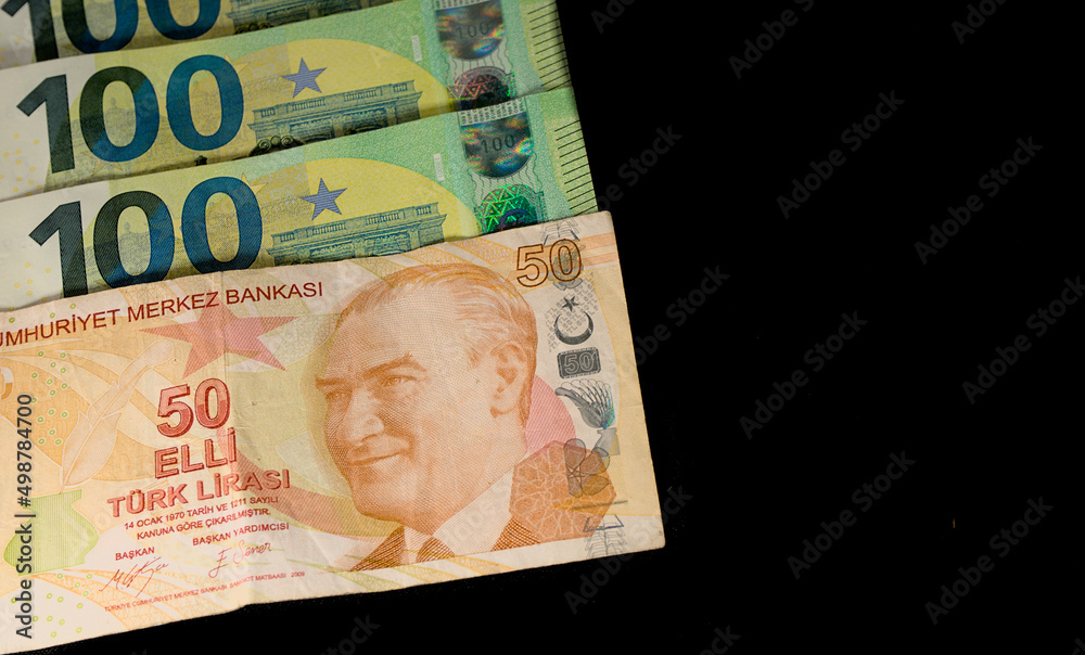 Turkish lira and euro banknotes on black background Stock Photo | Adobe  Stock