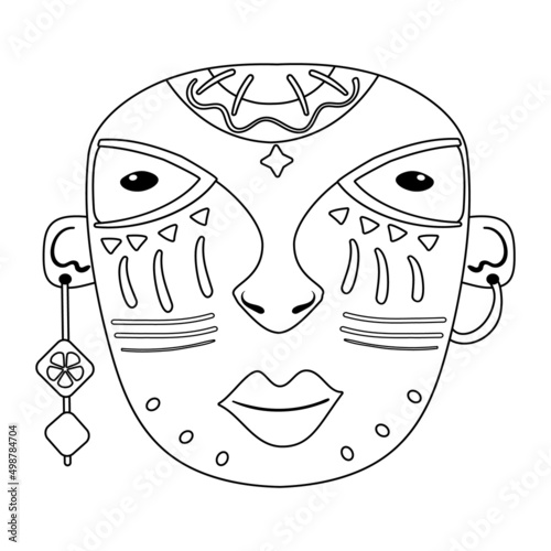 Wooden african mask. Coloring page. Cartoon vector illustration