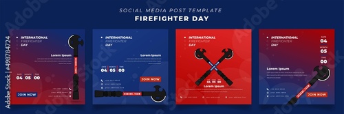 Set of social media post template with blue and red background for firefighter day