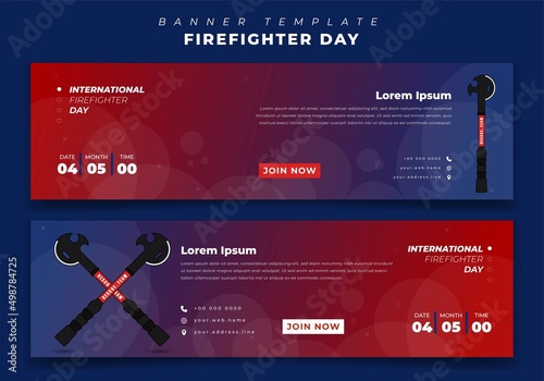 Web banner template with red and blue gradient background for firefighter day in landscape
