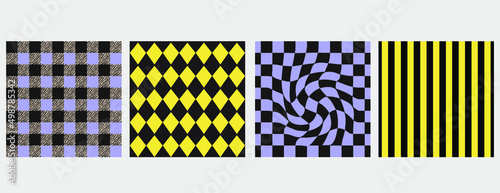 Set of lilac, black and yellow checkerboard geometric seamless patterns