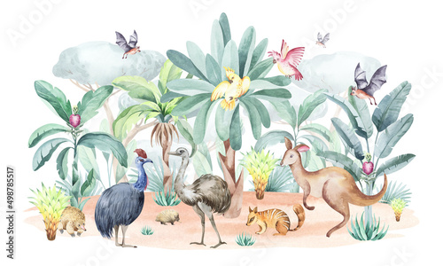 Watercolor illustration of Australian animals in nature. Childish illustration of cute cartoon animals.