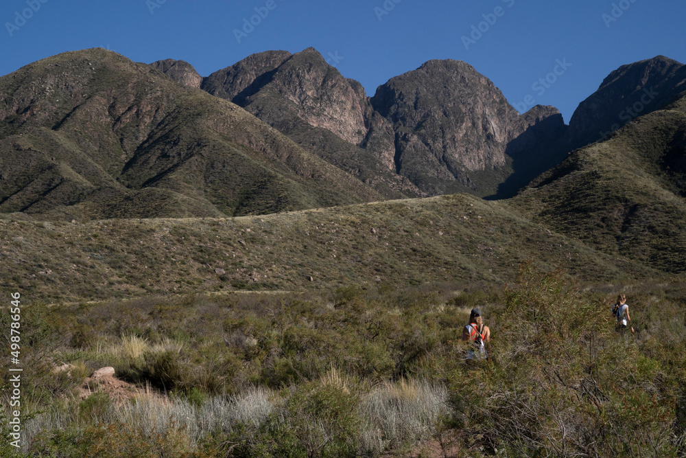 Hiking along the yellow grassland. View of two women trekking  along the footpath in the meadow and into the mountains.