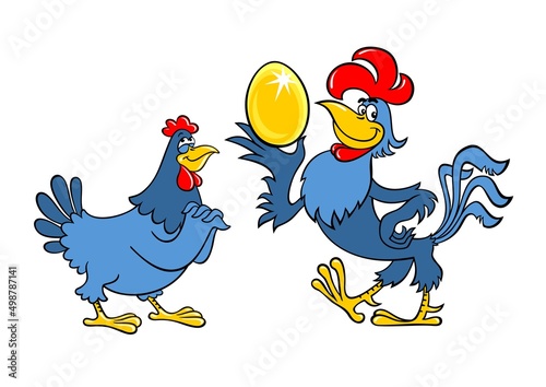 Vector image of a cockerel and a hen. The rooster and the hen show the golden egg. Rooster and hen drawn in cartoon style.