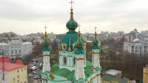 Aerial view of the center of Kyiv. St. Andrew's Church against the backdrop of the Podolsky district in Kyiv, Ukraine