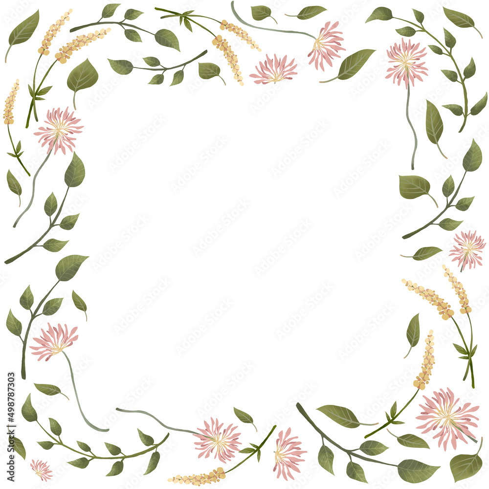 Spring pastel botanical frame. Delicate floral border. Hand painted wedding invitation card template design. Illustration for cards, save the date, greeting design, floral invite.