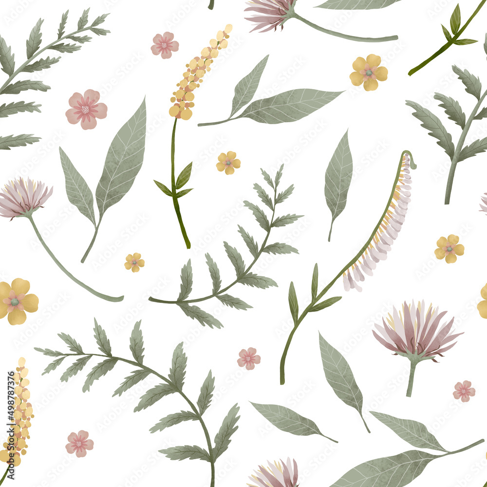Obraz premium Hand painted seamless pattern with green garden foliage and flowers. Floral illustrations for scrapbooking, wallpapers, textile, packaging, fashion, background.