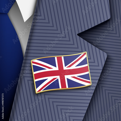 British official person dressed in a blue color official suit, white shirt, blue tie, and UK flag golden lapel pin, vector illustration.