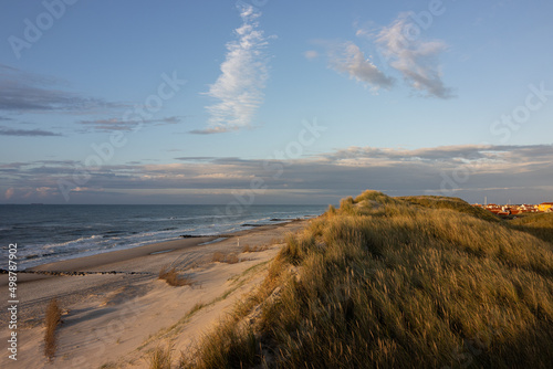 Scenic beach scene with sand dunes by the North Sea.