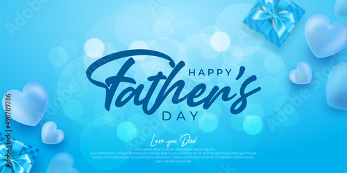 Realistic banner happy fathers day frame with lettering on blue background