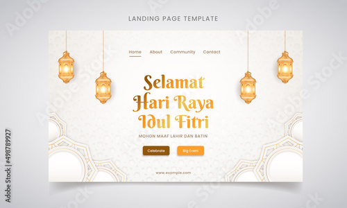 White luxury Eid al-fitr landing page with decorative ornament pattern and lanterns Premium Vector	