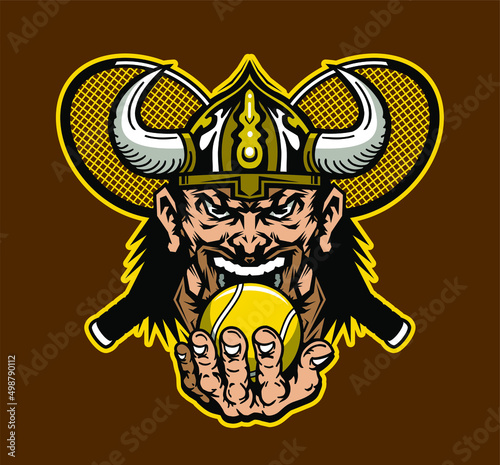 viking mascot holding tennis ball with crossed racquets for school, college or league