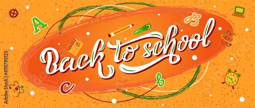 Hand drawn vector illustration with white lettering on textured background Back To School for poster, announce, educational service, celebration, advertising, info message, website, banner, template