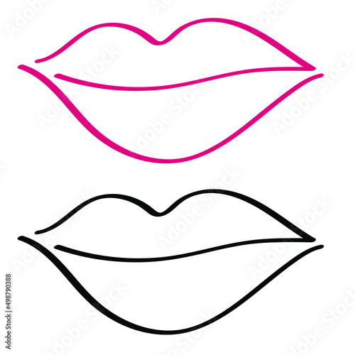 Red lips icon. Simple line mouth icon. Sexy open mouth with red lipstic. Makeup icon.Red lips hand drawn with ink paint brush and black pen outline, isolated on white background. Vector illustration

