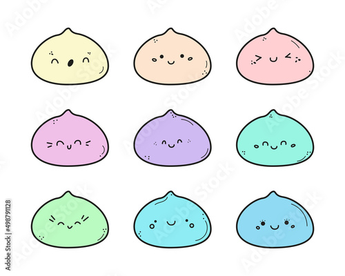 Cute mochi icon vector set. Cartoon pastel color characters with kawaii faces. Japanese sweet rice dessert in doodle style. Mochi logo illustration isolated on white background