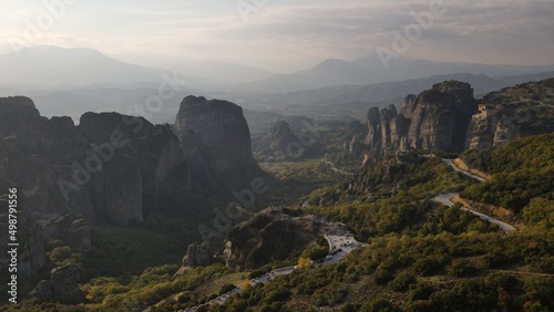 mountain monasteries meteora in greece aerial view