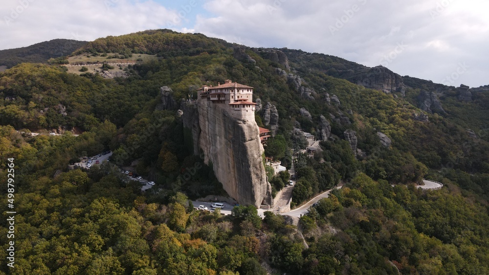 mountain monasteries meteora in greece aerial view