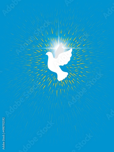 Disegno grafico colomba bianca pasquale che vola. Luce raggiante, sfondo azzurro. Spiritualità  photo