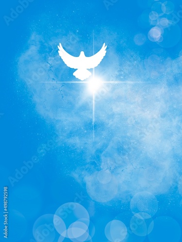 Banner azzurro con colomba bianca e croce raggiante. Pentecoste. Natale. Pasqua.