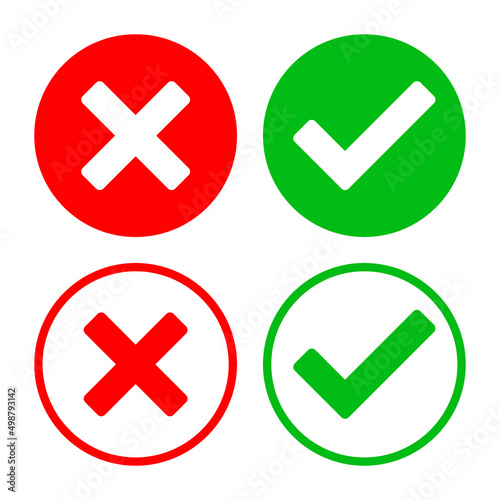 Green checkmark and red X round vector icons, isolated on white background.