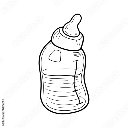 Funny baby bottle with milk. Vector sketch of a bottle with a pacifier.