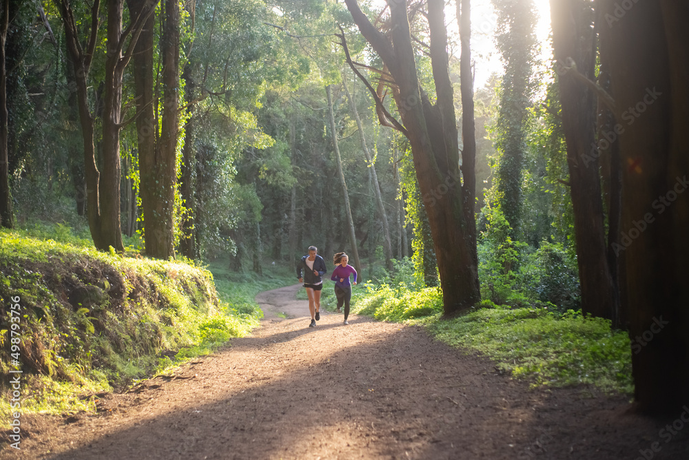 Energetic man and woman jogging in forest. Two sporty people in sportive clothes exercising outdoors. Sport, hobby concept Energetic man and woman jogging in forest. Two sporty people in sportive clothes exercising outdoors. Sport, hobby concept