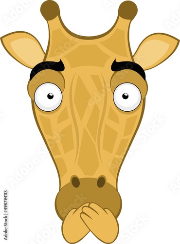 Vector illustration of the face of a cartoon giraffe covering his mouth with his hands