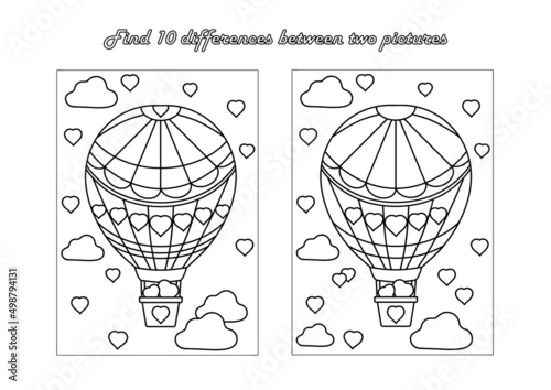 Find 10 differences. Educational game for children. Coloring book page. Hot Air Balloons, hearts and Clouds .