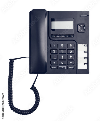 Black landline telephone isolated on white background close up photo