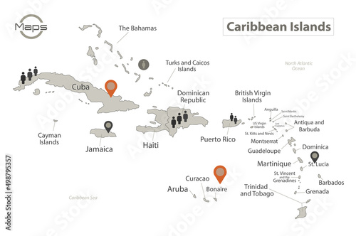 Caribbean Islands map, individual island with names, Infographics and icons vector